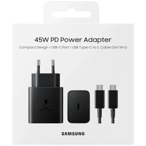 شارژر 45 وات اورجینال سامسونگ پکدار 3 پین به همراه کابل تبدیل USB-C